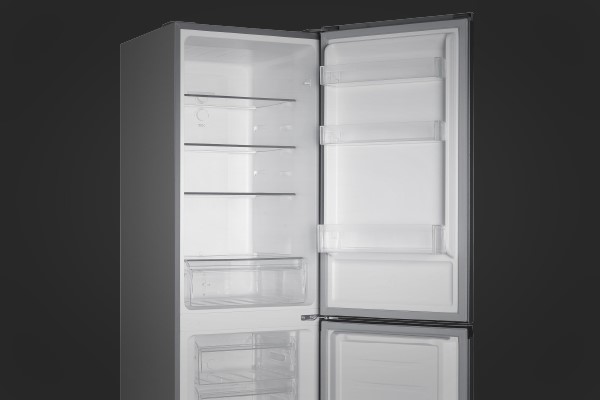DeSantii fridge freezer with both doors open showing shelves and drawers